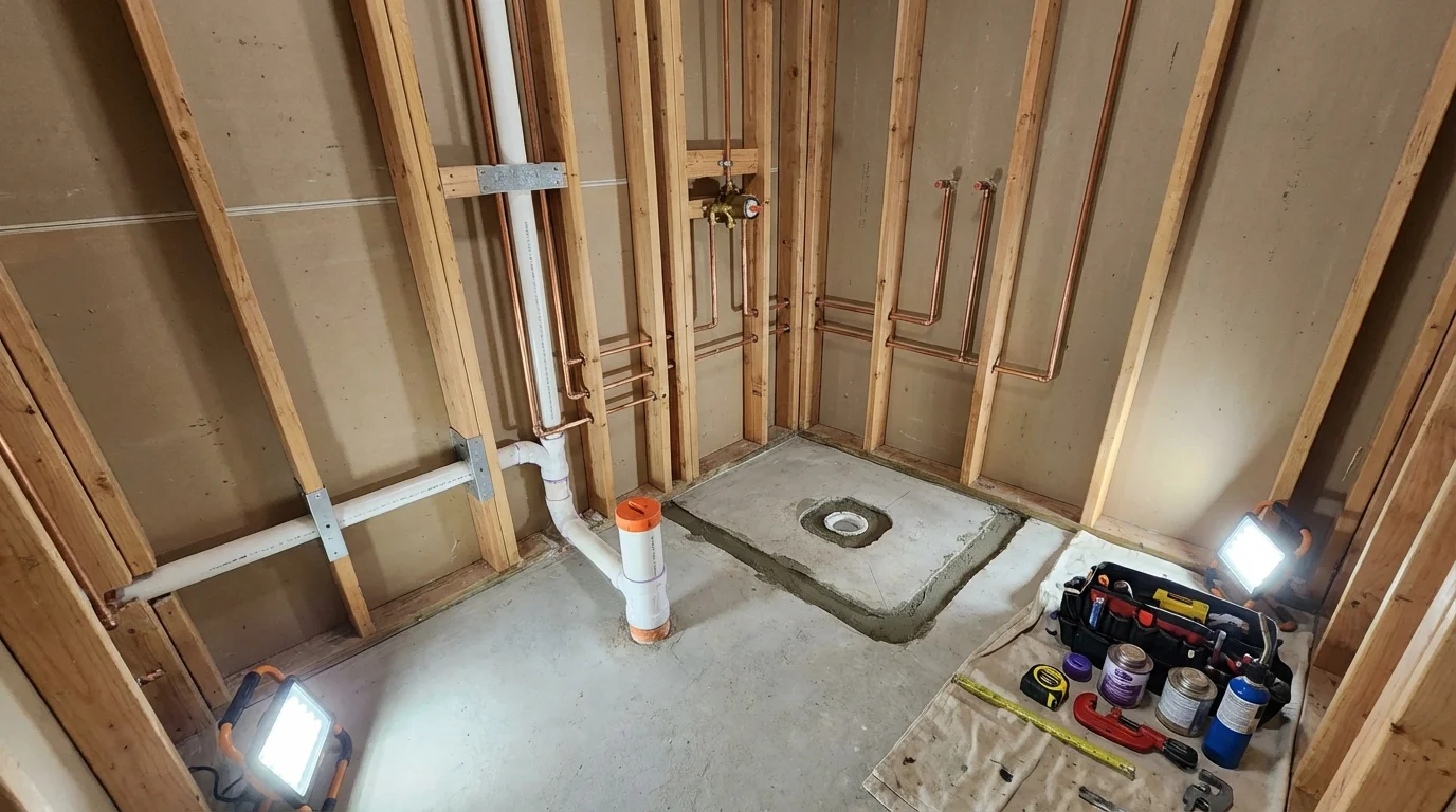 Bathroom rough-in plumbing during remodel by Johns Plumbing LLC in Post Falls