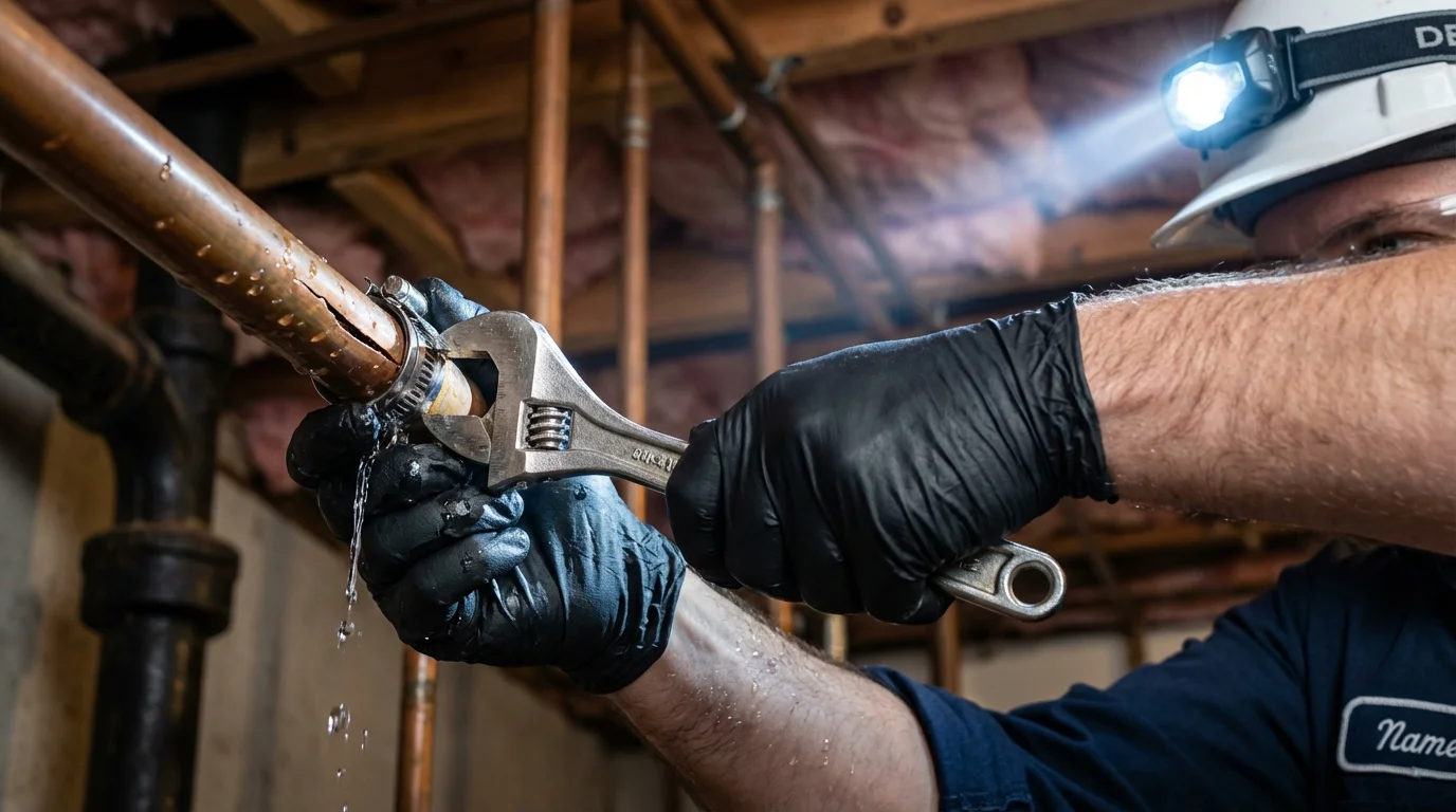 Emergency pipe clamp repair being performed by a Johns Plumbing LLC plumber in Post Falls